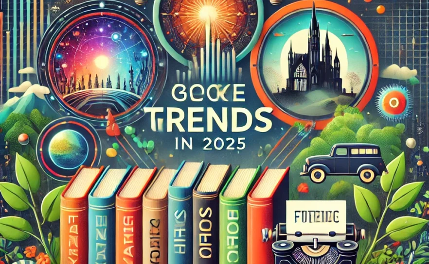A captivating illustration representing book genre trends in 2025, featuring vibrant books with icons like a glowing magical portal, a futuristic cityscape, a shadowy gothic castle, lush green vines, and a retro typewriter, reflecting the diversity of literary trends.