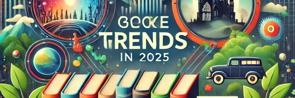 A modern and captivating illustration representing book genre trends in 2025. The artwork features a vibrant display of books with genre-specific icon A captivating illustration representing book genre trends in 2025, featuring vibrant books with icons like a glowing magical portal, a futuristic cityscape, a shadowy gothic castle, lush green vines, and a retro typewriter, reflecting the diversity of literary trends.