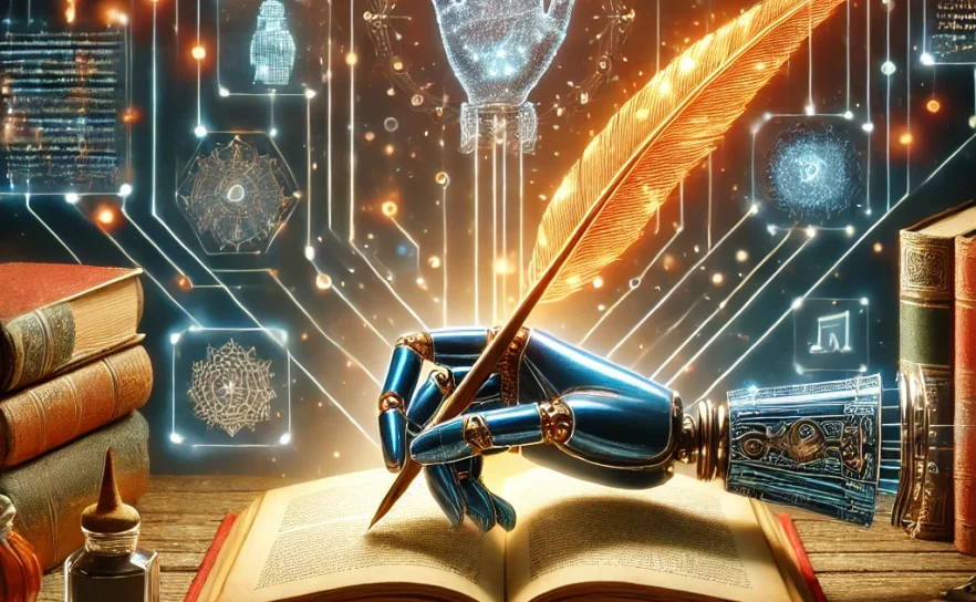 A visually striking illustration representing AI in literature. The image features a glowing robotic hand holding a quill, writing on an open book sur