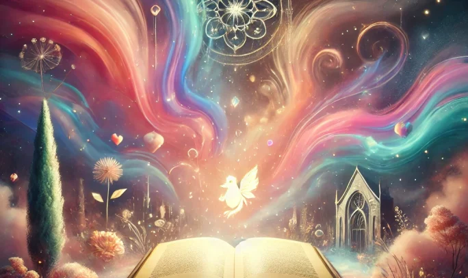 DALL·E 2025-01-17 01.41.11 - A visually appealing blog cover featuring an open book surrounded by a dreamy and colorful aura, symbolizing themes of love, loss, and mystery. The sc
