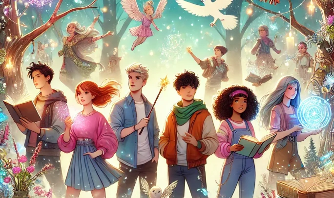 Illustration of a magical young adult fantasy world with diverse teenagers in a glowing enchanted forest, surrounded by floating books, magical light, and fantasy-inspired elements. Represents themes of adventure, diversity, and magic.