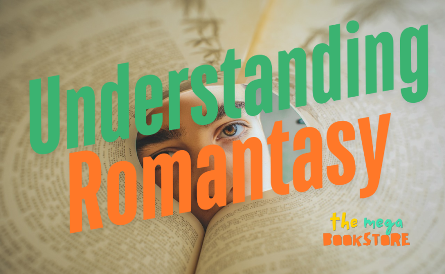 A creative visual for the article 'Understanding Romantasy,' featuring a person’s face peeking through an open book, symbolizing the exploration of romantic fantasy literature. Includes the title text in bold colors and the logo of The Mega Bookstore.