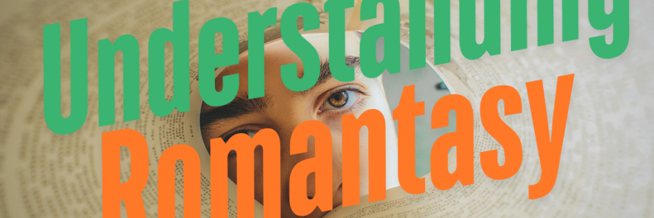 A creative visual for the article 'Understanding Romantasy,' featuring a person’s face peeking through an open book, symbolizing the exploration of romantic fantasy literature. Includes the title text in bold colors and the logo of The Mega Bookstore.
